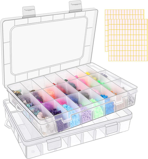 2 Pack 24 Grids Clear Plastic Organizer Box, Storage Container with Adjustable Divider, Craft and Bead Storage Organizer Box for DIY Jewelry Tackl...