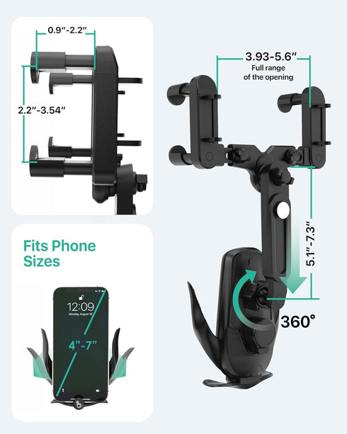 2in1 Rear View Mirror Phone Holder + Wireless Car Charger 360 Rearview Mirror Phone Mount w/Automatic Clamping and Release, Rotatable & Retractabl...