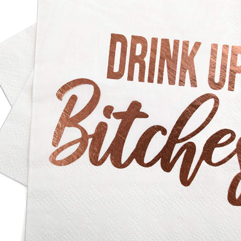 Cocktail Paper Napkins- Fancy Printed Napkins with ''Drink Up B!tches'' Emboss in Rose Gold Foil Letters- Ideal for Bachelorette Party Decorations...