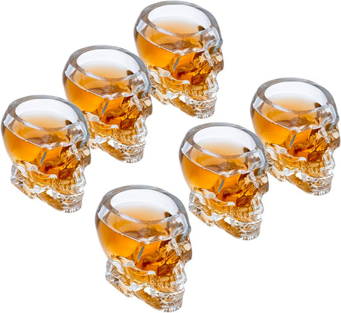MyGift Set of 6 Skull Shot Glasses – 2.8 oz Clear Glass Novelty Drinkware for Halloween Parties, Cocktail Bars & Home Decor – Spooky 3D Skull Desi...