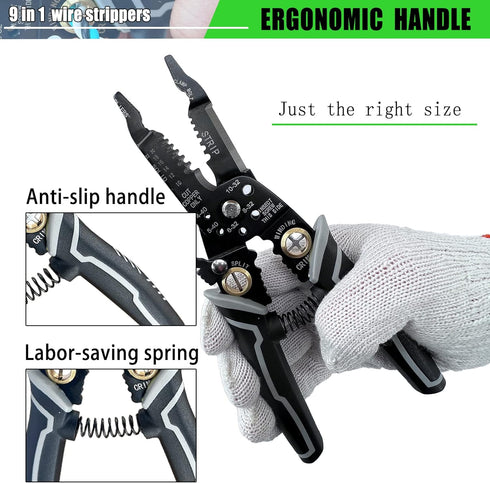9 in 1 Wire Stripper Tool, Wire Strippers electrical, 8" Cable Cutting Tool for Wire Stripping Cutting and Crimping (10-20 AWG Solid and Stranded ...
