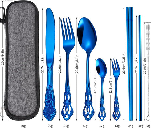 AARAINBOW 7 Pieces Stainless Steel Flatware Set Portable Reusable Cutlery Set Travel Utensils Set Including Chopsticks Knife Fork Spoon Straws Cle...