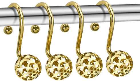 Chictie Gold Shower Curtain Hooks Rings,Set of 12 Brass Decorative Bling Metal Rustproof Shower Hangers Rings for Bathroom Curtains Rods Hollow Ba...