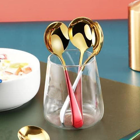 Soup Spoons Stainless Steel 304 Stainless Steel Round Head Spoons Modern Thick Short handle 304 Stainless Spoons Used for Soup, Grain, Dessert, Fr...