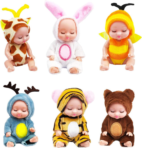 4 Inch Mini Baby Dolls Toys 6 Pcs Gift Set, Cute Baby Dolls Toys with Interchangeable Animal Clothes, Mini Reborn Baby Dolls Gifts for Boys and Gi...