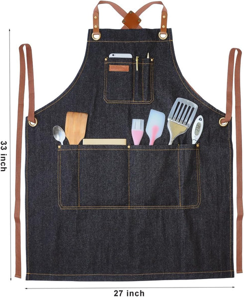 Professional Black Denim Apron with Pockets for Cooking Chef Kitchen Grill BBQ Hairstylist Painting, Mens Womens Apron with Leather Cross Back Str...