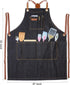 Professional Black Denim Apron with Pockets for Cooking Chef Kitchen Grill BBQ Hairstylist Painting, Mens Womens Apron with Leather Cross Back Str...