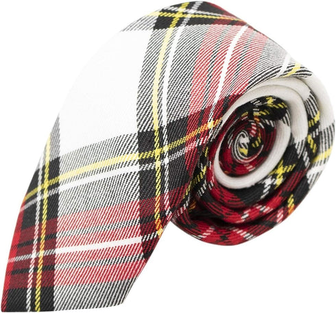 King & Priory Traditional White & Red Tartan Necktie, Check, Plaid, Tie...