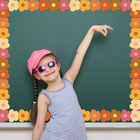 99ft Groovy Retro Hippie Flower Bulletin Board Borders Boho Orange Pink Flower Die-Cut Bulletin Board Flower Shape Rolled Trim for School Wall Cla...