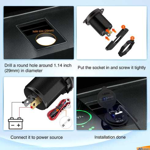 Nilight Quick Charge Socket PD Type C and QC 3.0 USB Fast Charge 12V 24V Car Outlet Voltmeter ON OFF Switch Fused Wire Kit Dual USB Charger Socket...