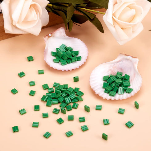 200Pcs Green Glass Seed Beads Tila Beads 2 Hole Flat Square Shaped Beads Loose Spacer Beads Waist Beads Kit for Crafts DIY Beading Summer Boho Jew...