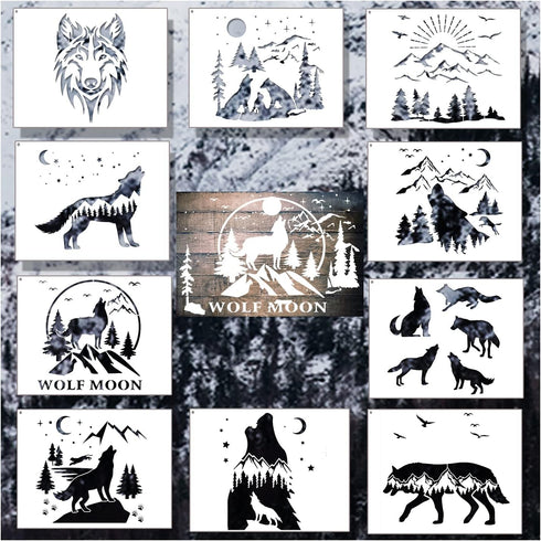 11 Pcs Wolf Stencils Forest Mountain Tree Stencils for Wood Burning Stencil Template Stencils for Painting on Wood Crafts Home Decors (Wolf)...