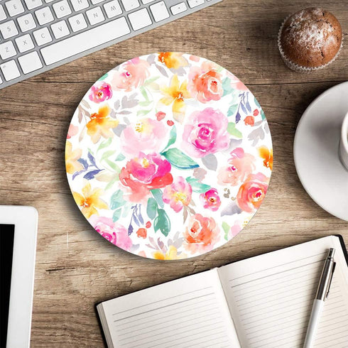 Floral Flowers Roses Mouse Pad, Bright Pink and Yellow Girly Watercolor Flowers Mouse Pad, Round Gaming Mouse Mat Waterproof Circular Small Mouse ...