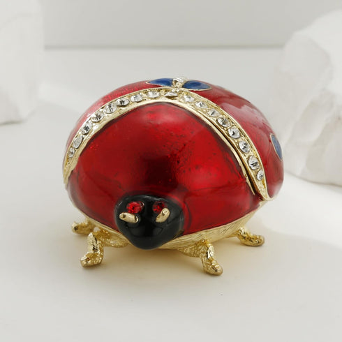 Hand Painted Enameled Ladybug Trinket Box, Hinged Unique Mini Ring Necklace Jewelry Organizer, Classical Bejeweled Storage, Figurine Collectible K...