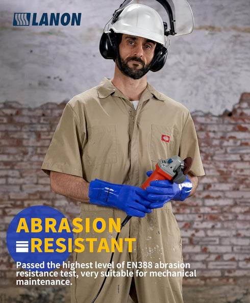 LANON PVC Chemical Resistant Gloves, Heavy-Duty Rubber Gloves, Acid, Alkali and Oil Protection, Non-Slip, Blue, Large...