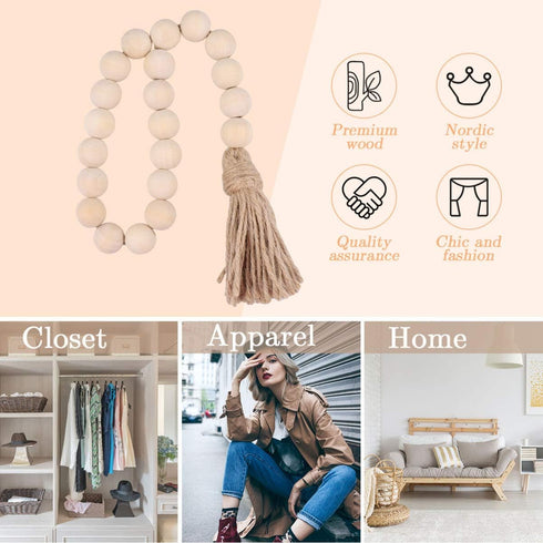 Garneck Wood Bead Garland,Farmhouse Tassels Beads, Rustic Country Decor Prayer Beads for Home Door Knob Christmas Decoration (1 Pack) (1pack) (3pa...