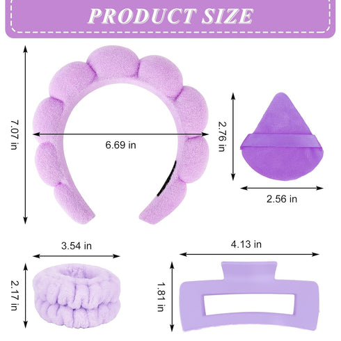 YISSION Purple Spa Headband & Wristband Set Puffy Skincare Headband & Wrist Bands for Washing Face Makeup Powder Puff Large Hair Claw Clips Sponge...