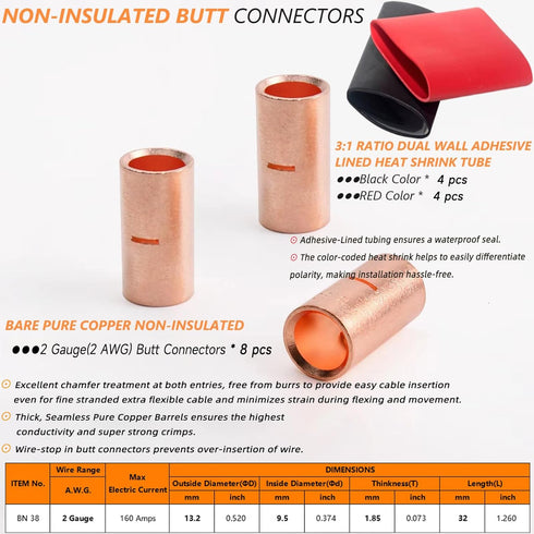 2 Gauge Non-Insulated Butt Connectors 8 PCS 2 Gauge Butt Splice Connectors 2 AWG Butt Splice Uninsulated Crimp Wire Connectors 38mm² Bare Pure Cop...