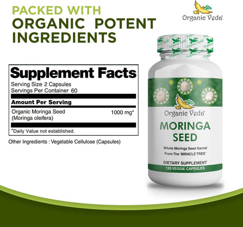 Organic Veda Moringa Seed Capsules, 1000mg - 100% Natural Moringa Seed Powder with Nutrients, Antioxidants, Vitamins, Minerals & Enzymes - Glowing...