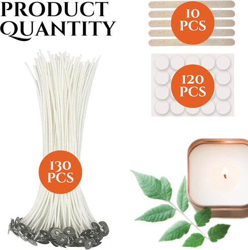 260 Pack Starter Kit for Candle Making – 130PCS 8 Inch Cotton Candle Wicks with Metal Tabs 120PCS Wicks Stickers 10PCS Wood Candle Wick Holders fo...