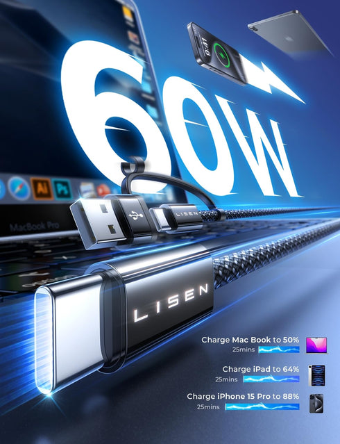 LISEN for iPad Charger Cable, ?Dual Use? 2 Pack/6.6ft 60W USB C to USB C Cable, Fast Charging USB A to USB C Cable Compatible with iPhone 15 Pro M...