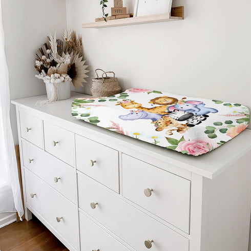 Jungle Safari Animals Tropical Leaves Flowers Changing Pad Cover Lion Elephant Zebra Giraffe Hippo Change Table Covers for Boys Girls Soft Stretch...