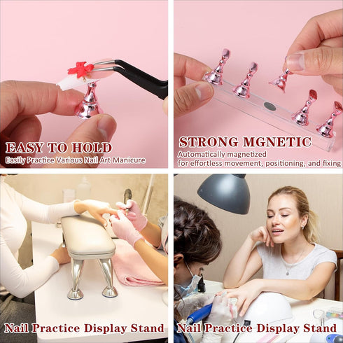 Qianyu 10 Pieces Nail Art Practice Stand Set 2 Acrylic Base Alloy Nail Tips Holders Training Fingernail Display Stands For Press On Reusable Putty...