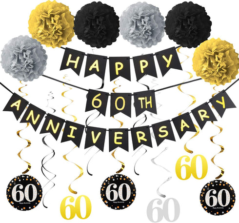 60th Anniversary Decorations Kit - Gold Glitter Happy Anniversary Banner, 9Pcs Sparkling Hanging Swirl, 6Pcs Poms - For 60th Wedding Party Decorat...