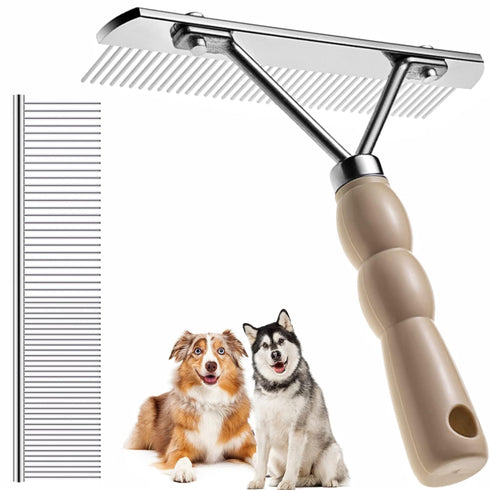 Dog Rake for Undercoat Long Tooth Dogs Comb, Rake Brush+Stainless Steel Shedding Comb, Husky Undercoat Rake Grooming Tool Set for Big Dog Horse Lo...