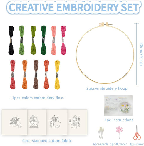 FREEBLOSS 4 Set 8'' Embroidery Kit for Beginners Cats&Plants Pattern Embroidery Kit with Instructions Full Kit of Embroidery Cloth 2 Embroidery Ho...