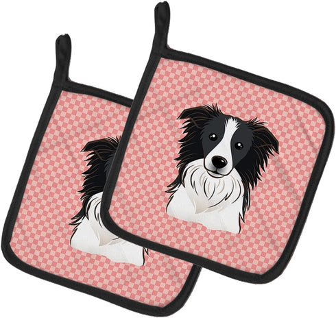 Caroline's Treasures BB1241PTHD Checkerboard Pink Border Collie Pair of Pot Holders Kitchen Heat Resistant Pot Holders Sets Oven Hot Pads for Cook...