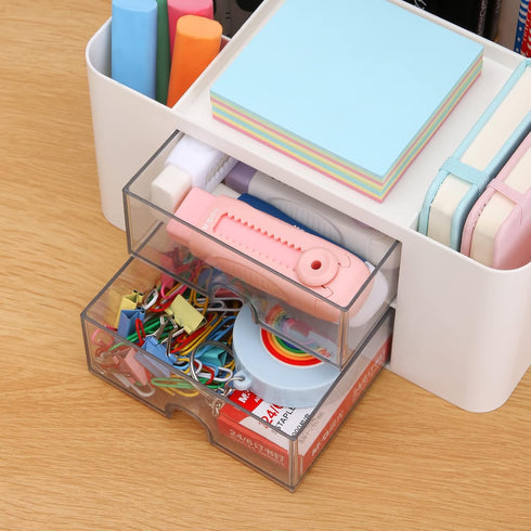 LETURE Desk Organizer with 2 Drawer, Plastic Desktop Pen Pencil Card Holder Storage Box for Desk, Office Supplies, Vanity Table Office School Home...
