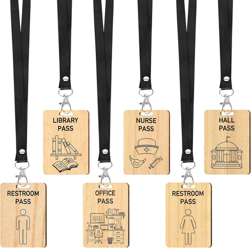 6 Pieces Hall Pass Lanyards and School Passes Set, Wooden Passes for School, Classrooms Hall, Library, Restroom, Office, Nurse, Teacher Supplies...