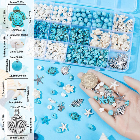 SUNNYCLUE 1 Box 217Pcs Turtle Beads Starfish Beads Boho Sea Turtle Bead Starfish Bead Bulk Shell Charm Summer Hawaii Ocean Turtle Charms Turquoise...
