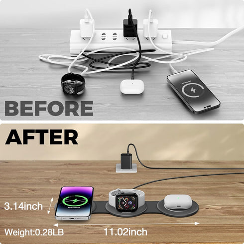 3 in 1 Charging Station for Apple Multiple Devices, Foldable Travel Wireless Charger 18W for iPhone 15 14 13 Pro Max Plus &Apple Watch Series/Airp...