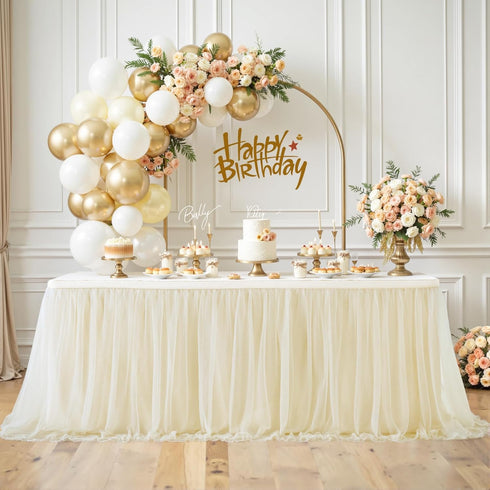 Suppromo 9ft Champagne Tulle Table Skirts for Rectangle Tables or Round Tables Champagne Tutu Table Cloth Cover for Wedding Birthday Party Baby Sh...