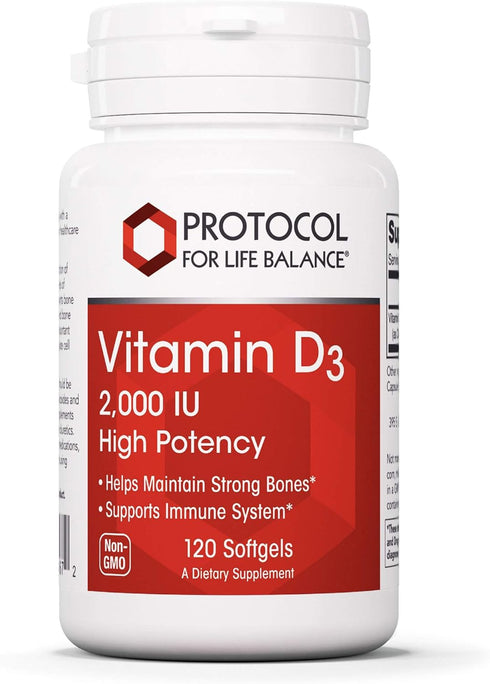 Protocol Vitamin D3 2,000 IU - Bone & Teeth Support* - Dietary Supplement for Immunity & Bone Mineralization* - Non-GMO, Halal, Keto-Friendly - 12...