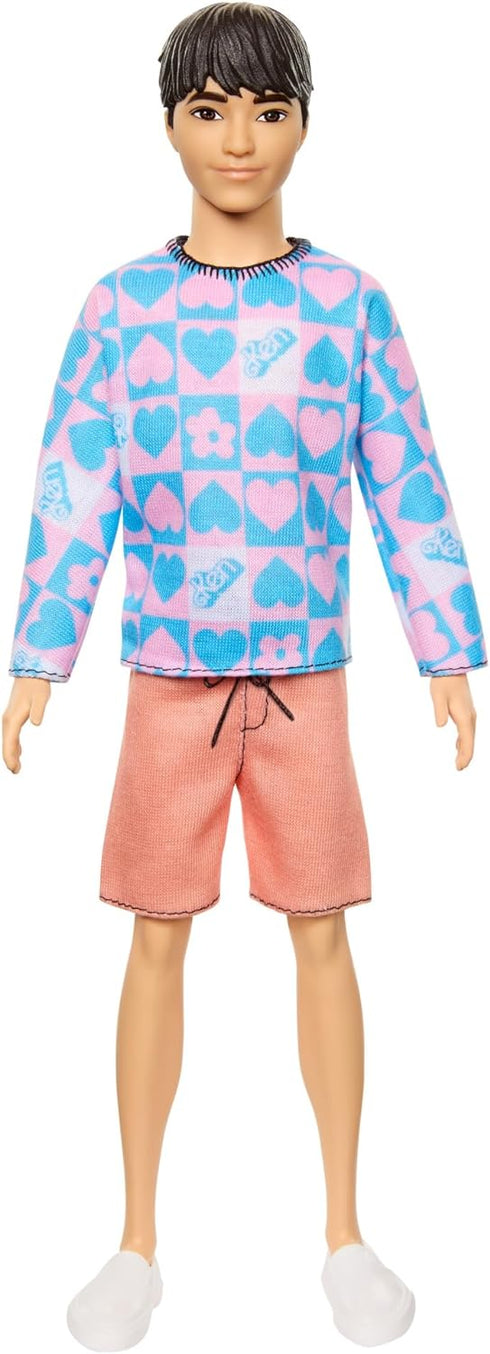 Barbie Fashionistas Ken Doll #219 with Slender Body Wearing a Removable Long-Sleeve Pink & Blue Patterned Shirt & Pink Shorts...
