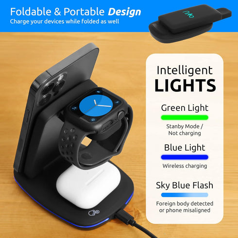 3-in-1 Wireless Charger Foldable - NiYo Universal Charging Station Compatible w/iPhone 14/13 Pro/13/12/11/Pro/SE/XS/XR/8, Apple Smartwatch & Airpo...
