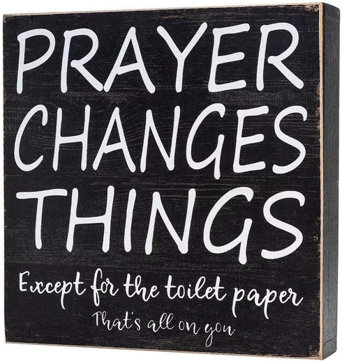 Farmhouse Bathroom Decor for Home, Rustic Bathroom Wall Decor Box Signs about 8" Square, Prayer Changes Things...