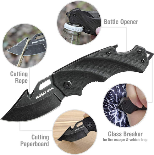 Mossy Oak Mini Folding Pocket Knife, 2.5-inch Stainless Steel Drop Point Blade - G10 Handle EDC Multifunction Tool with Bottle Opener and Glass Br...