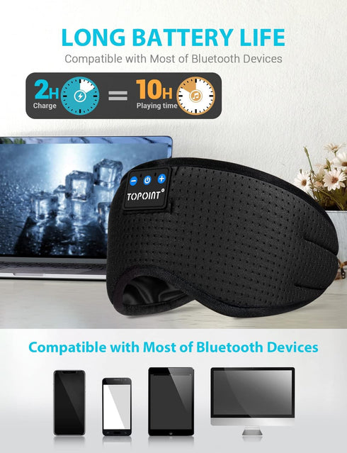 TOPOINT Bluetooth Sleep Mask, Eye Mask Wireless Headphones, Silk Sleeping Eye Cover Travel Music Headsets with Microphone Handsfree, Sleep Headpho...