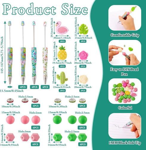 Beadthoven 12pcs DIY Beadable Pens, Hawaiian Flower Plastic Bead Pens with 48pcs Assorted Boho Tropical Summer Flamingo Pineapple Beads Pen Making...