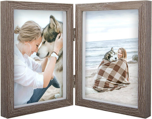 AEVETE 5x7 Double Picture Frames Hinged Wood Folding Picture Frames Vertically Display, Real Glass Front, Gray...