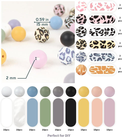 ZIFTY Silicone Beads, 180Pcs 15mm Round, 15 Styles Loose Rubber Pop Beads for Keychain Making, Jewelry, Art, Crafts, DIY (Leopard)...