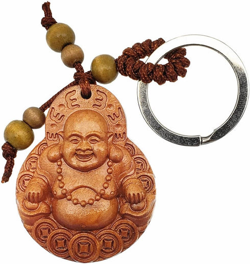 Betterdecor Feng Shui Peach Wood Money Happy Laughing Buddha Key Ring Amulet for Wealth Luck...