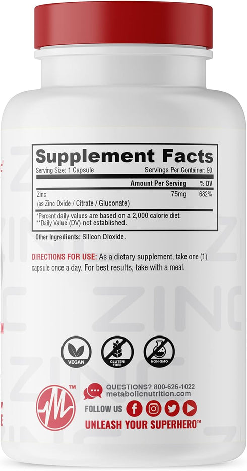 Zinc Supplement by Metabolic Nutrition, 75mg, 90 Zinc Capsules, Supports Immune System Function w/Zinc Oxide...