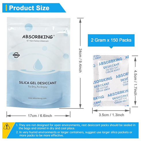 Desiccant Packs - 2 Gram 150 Packs Silica Gel Packets for Storage, Food Grade Moisture Absorbers, Premium Silica Packets for Spices, Foods, Electr...