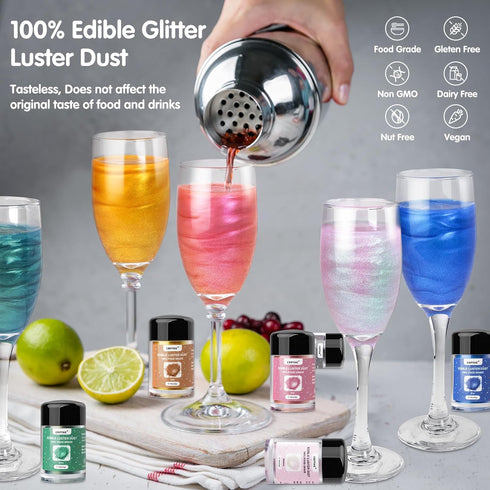CRPTHE 6 Colors Luster Dust Edible Set, Edible Glitter for Cocktails, Food Grade Glitter Shimmer Sprinkle Powder for Drinks, Baking, Beverages, Ca...