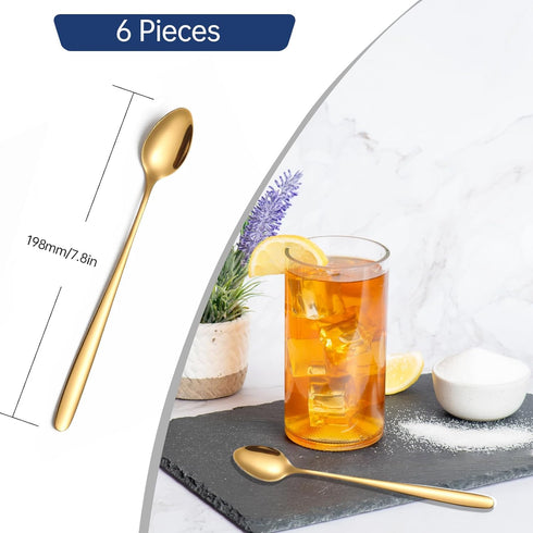 Long Handle Iced Tea Spoon,7.8-Inch Gold Coffee Spoon,Ice Cream Spoon, Stainless Steel TeaSpoons,Cocktail Stirring Spoon,Set of 6...